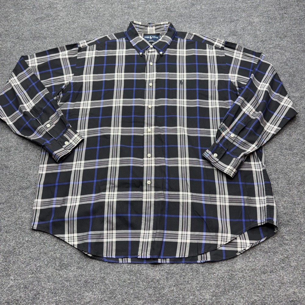 Polo Ralph Lauren Blake Mens XL Plaid Button Down Shirt Black Blue White Cotton